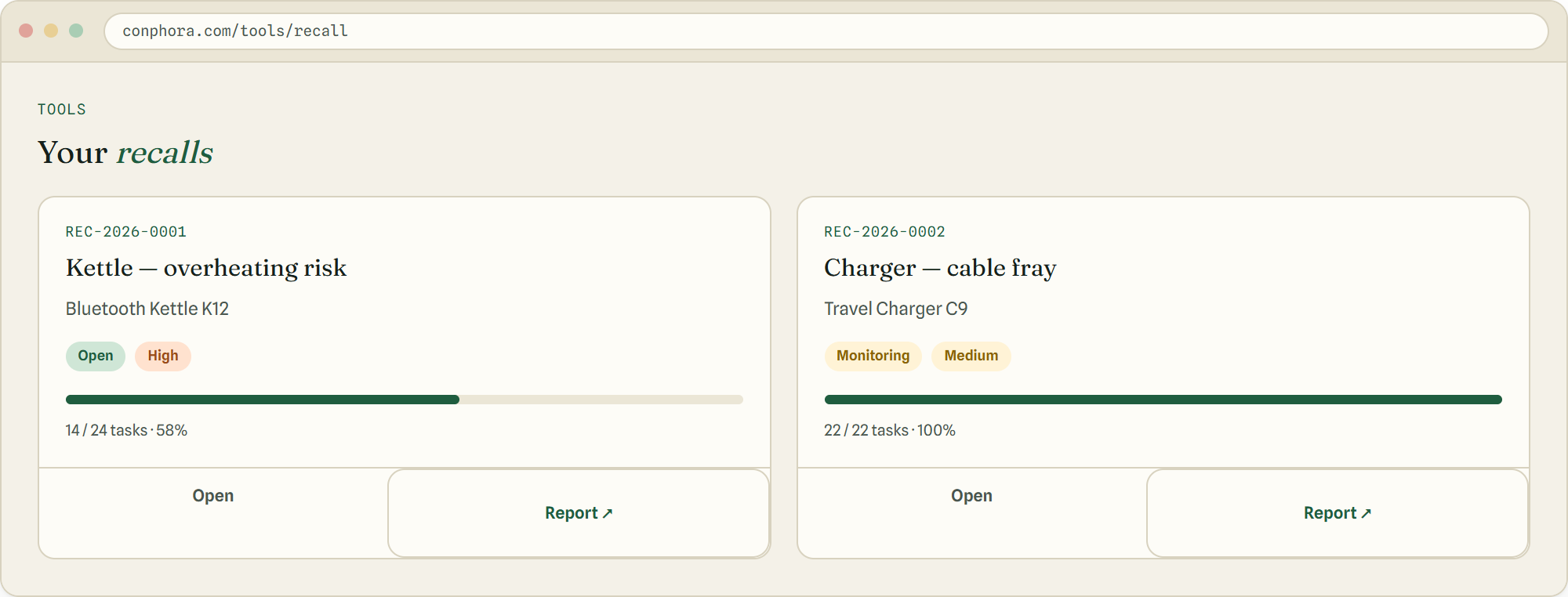 Figure 1 — Every recall in one place, with live status, risk and progress.